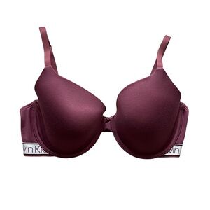 Calvin Klein Supportive Push-Up T-Shirt Bra Burgundy Spell Out Comfy Size 36D
